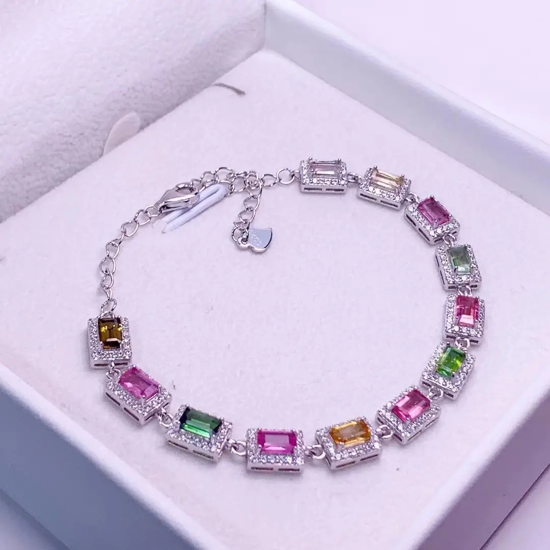 

ZECAA 925 Fine Jewelry Woman Tourmaline Bracelet With Multicolor Tourmaline Gemstone 3*5mm S925 Silver Tourmaline Bracelet