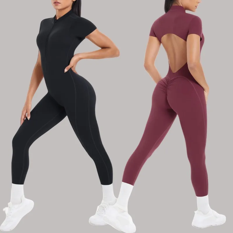

New Women's Yoga Jumpsuit Front Zipper Tight Back Hollow Out Short Sleeve-pants Activewear for Fitness Running Gym Workout