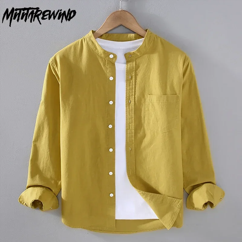 

Spring Summer Long Sleeve Cotton Linen Shirt Men Daily Casual Shirts Breathable Top Pocket Japanese Retro Stand Collar Shirt Men