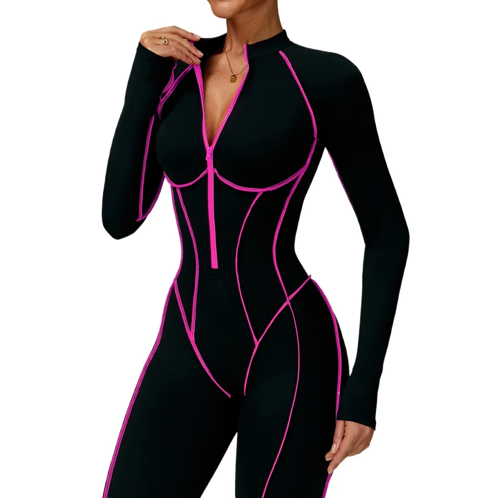 

Pad Zipper Yoga Jumpsuits Sports Fitness Hollow Back Women One-Piece Tracksuit Workout Long Sleeve Gym Bodysuit Tight Bodycon