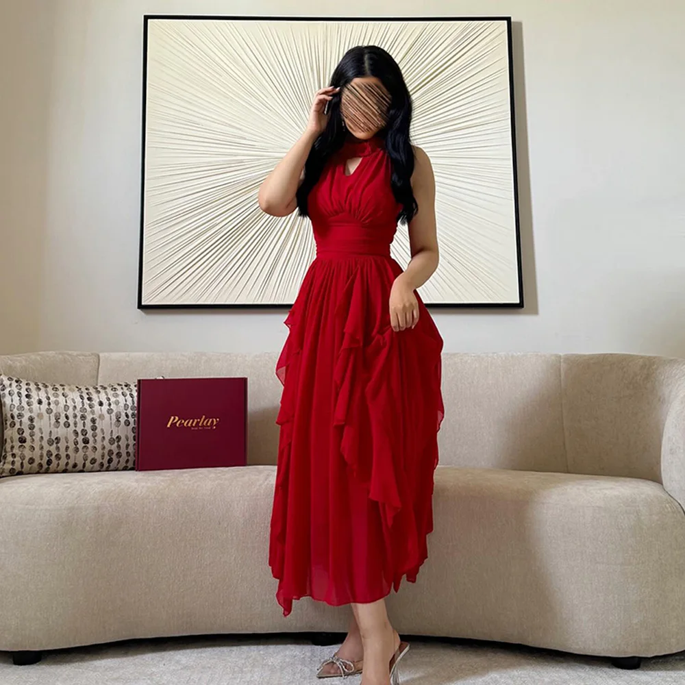 Customized Elegant Red Chiffon Halter Evening Dress A-Line Sleeveless Zipper Back Tea Length Saudi Arabia Homecoming Dresses