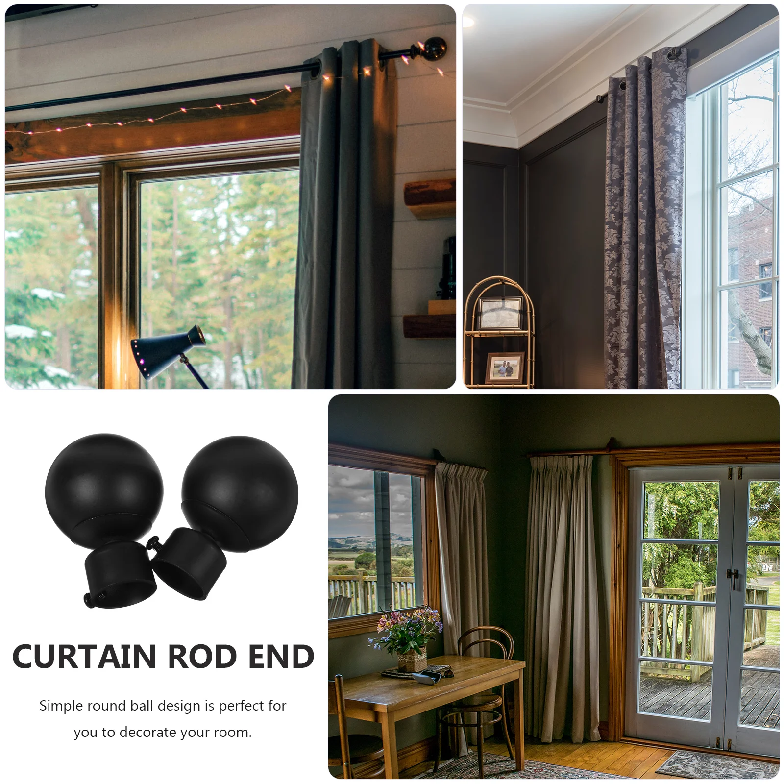 

2Pcs Window Curtain Rod End Black Iron Anti-Rust Adjustable Screw Fit 28mm Drapery Pole Finials Home Office