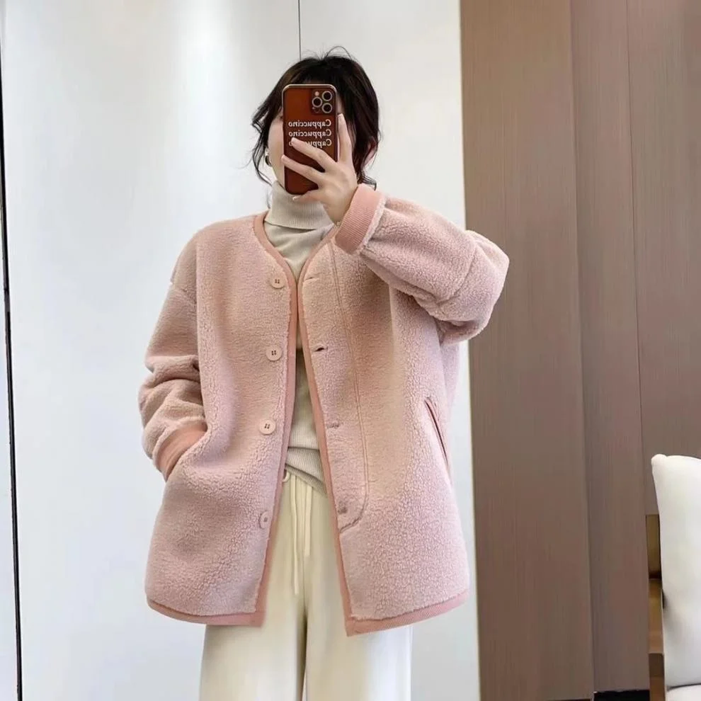 Women Vintage Grain Lamb Hair Thickened Loose Autumn Winter Green Purple Pink Beige Casual Jacket