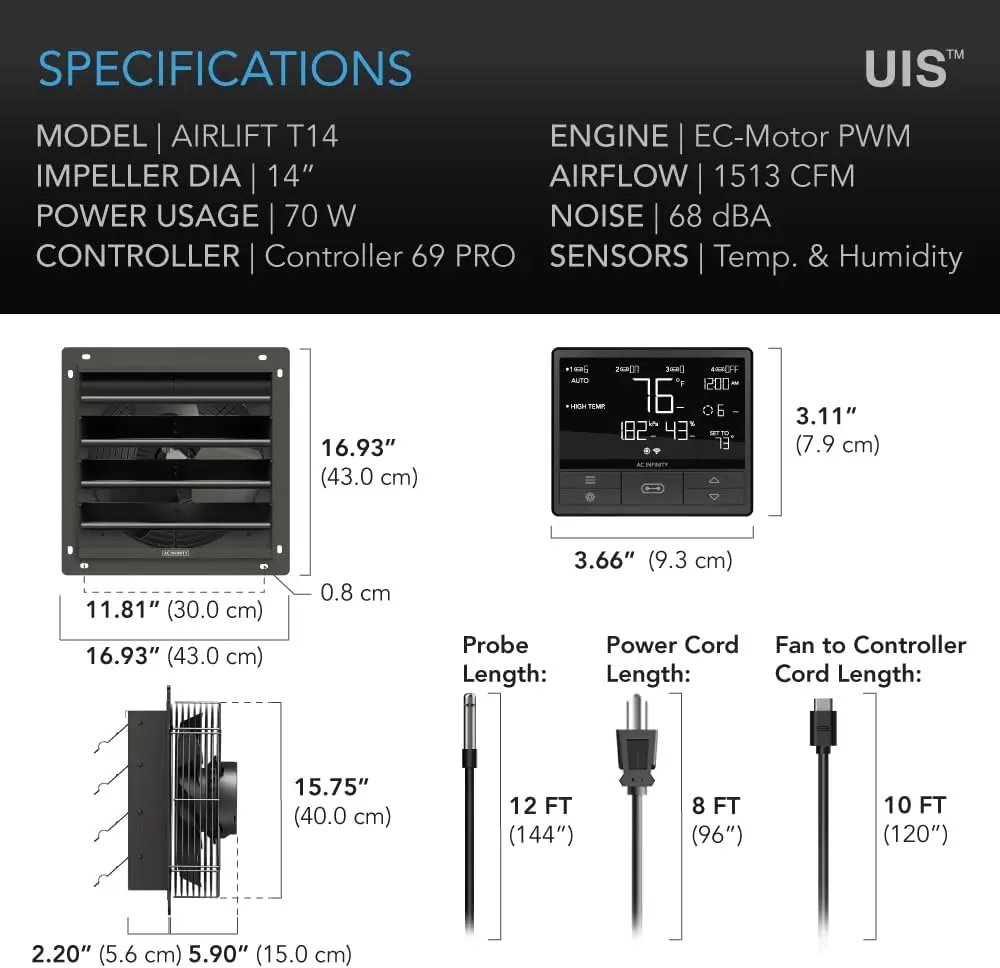 AIRLIFT T14, Shutter Exhaust Fan 14" with WiFi App-Compatible Temperature Humidity Controller Wall Mount Ventilation