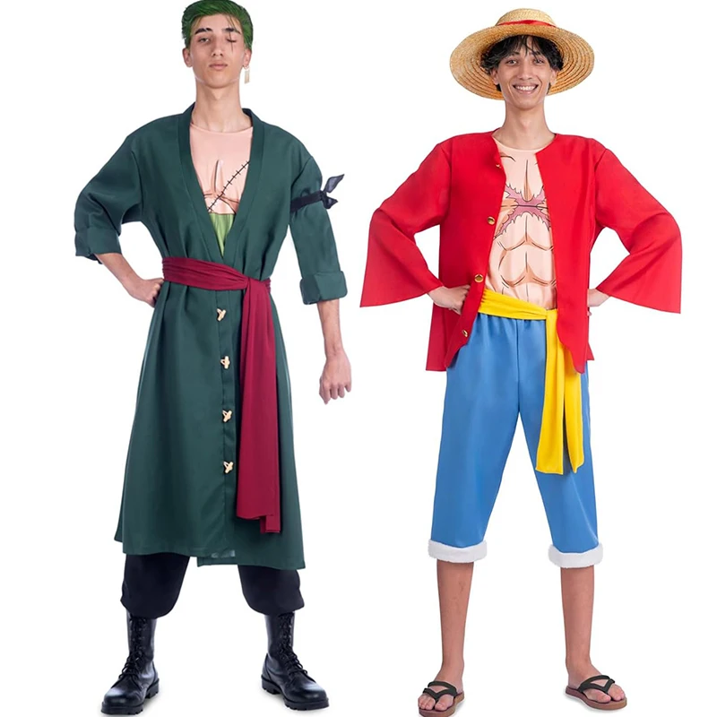 Anime Adult Pirate Warrior Straw Hat Luffy Cosplay Muscle Pirate Hunter Men Roronoa Zoro Halloween Costume With Chest Scar Shirt