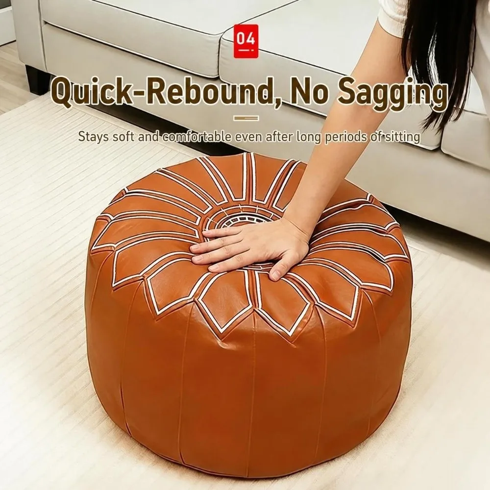 New PU Leather Fillable Ottoman Pouf Round Shape Embroidered Pattern Round Pouf Cover Moroccan Style Storage Ottoman Home Use