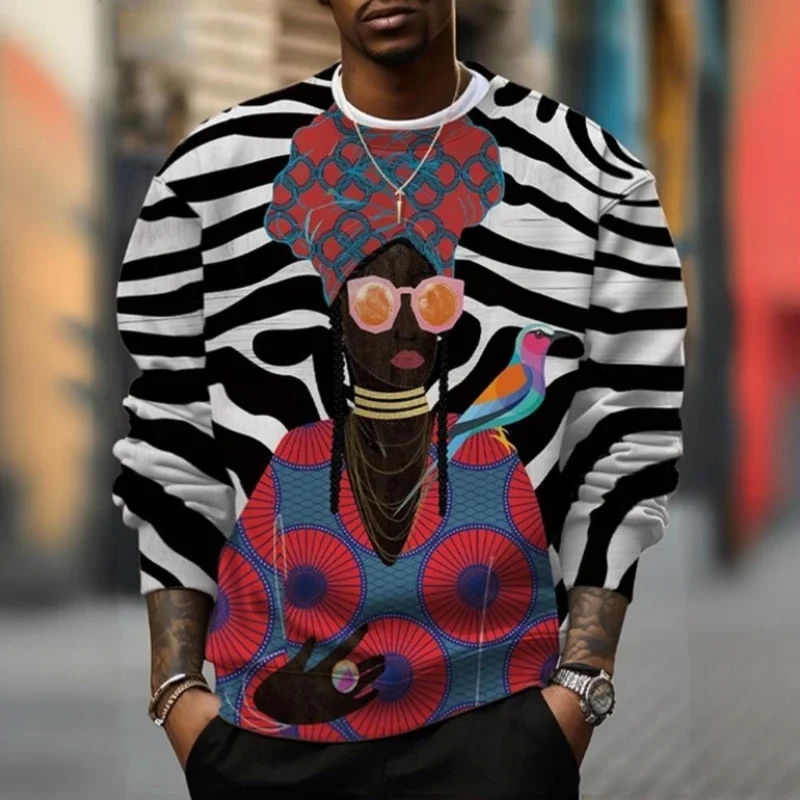 3d African ethnic print men's hoodie retro fashion round neck sweatshirt men's hoodie soft loose oversized long sleeve t-shirt