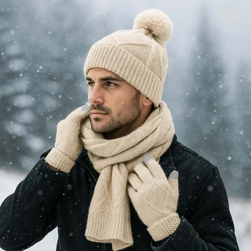 Set versatile sciarpa elastica e cappello Guanti caldi morbidi a prova di freddo Berretto pullover ispessito tinta unita da uomo