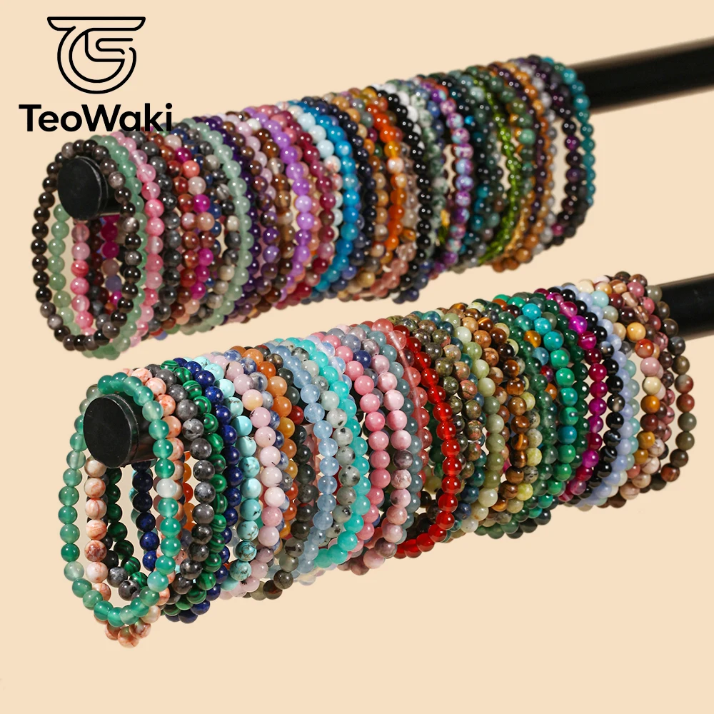 TeoWaki Smooth Round Natural Stone Bead Elastic Bracelet Multiple Color Options Stackable Daily Fashion Jewelry Holiday Gift19cm