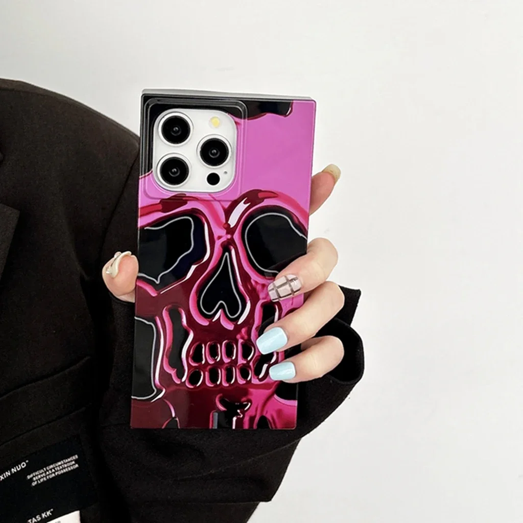 Originality Plating Shiny Funny Hollow Out Ghost Skull Skeleton Rectangle Corner Phone Cover Case For iPhone 16 15 14 13 Pro Max