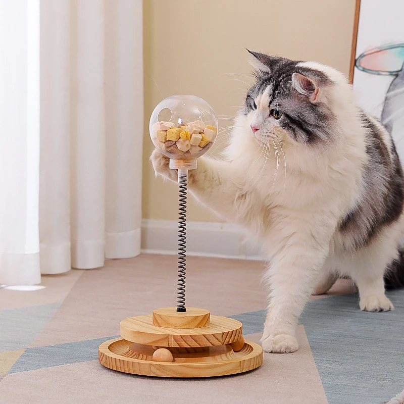 Wooden Spring Turntable Cats Toy Interactive Educational Teasing Training Food Leakage Feeders for Kitten Juguetes Para Gatos