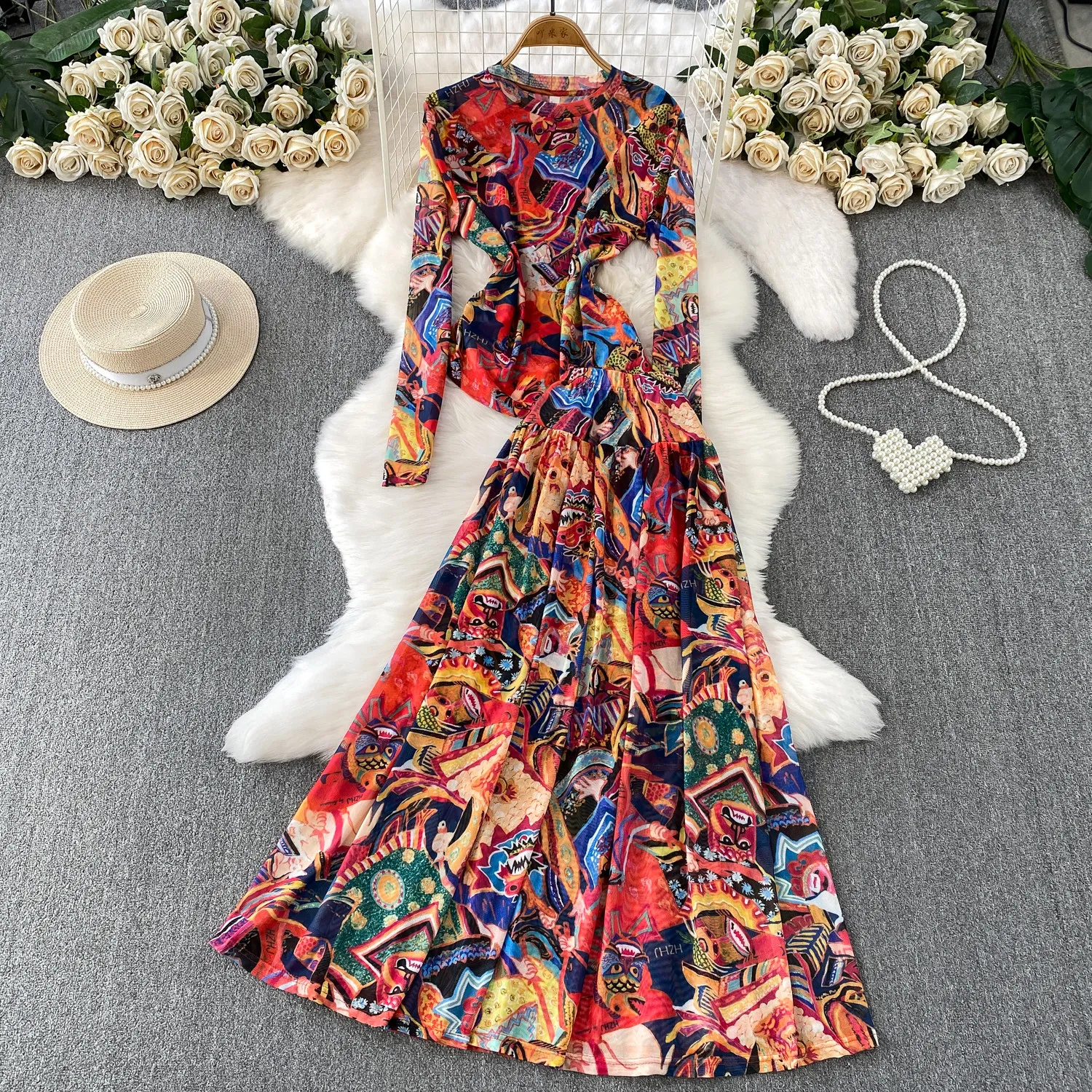 

Colorful Abstract Print 2 Piece Set Women Boho Long Sleeve Crop Top and Maxi Skirt Suit Holiday Matching Outfits Dress Sets 2026