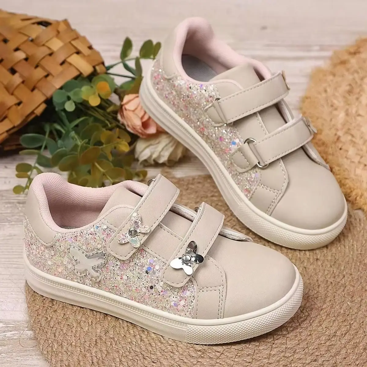 Toddler Girls Shiny Metallic Pink Casual Sneakers, Butterfly Decor Dual Hook-and-Loop Flashing Flat Low-Top Skate Shoes, for Dai