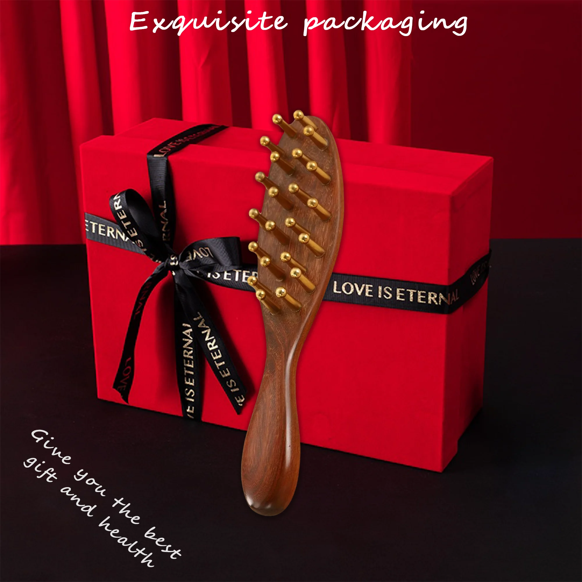 Head Massage and Guasha Tool Brass Long Handled Massage Comb Scalp Head Meridian Comb Thickened Wide Gold Wire Sandalwood Comb