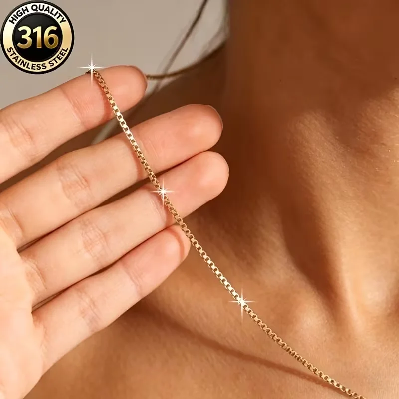 1pcs Classic 316L Stainless Steel Square Box Chain Necklaces Male Female Basic Punk 2mm Gold Plated Simple Layering Neck Jewelry