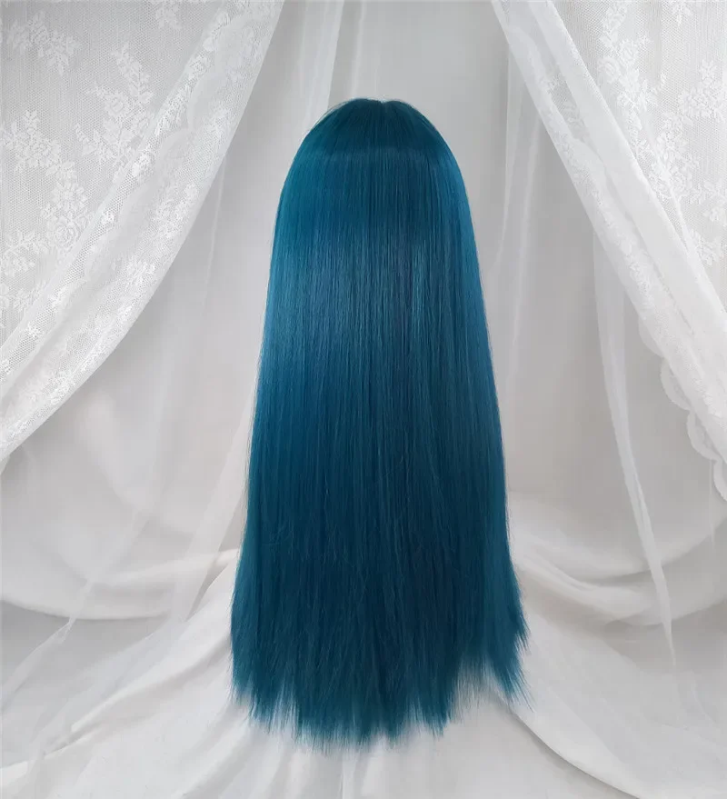 Pelucas de pelo sintético para mujer, azul oscuro, largo, recto, Cosplay, peluca con flequillo, resistente al calor