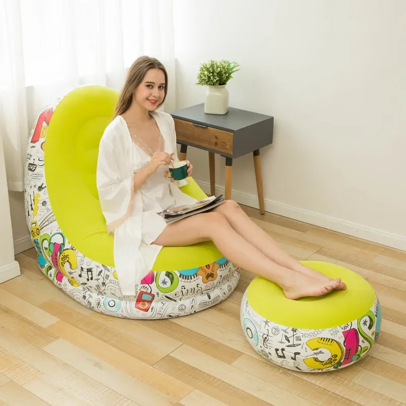 Inflatable Sofa with Foot Pad, Portable Lazy European and American Style Flocking Bed, Outdoor Furniture for Single Person