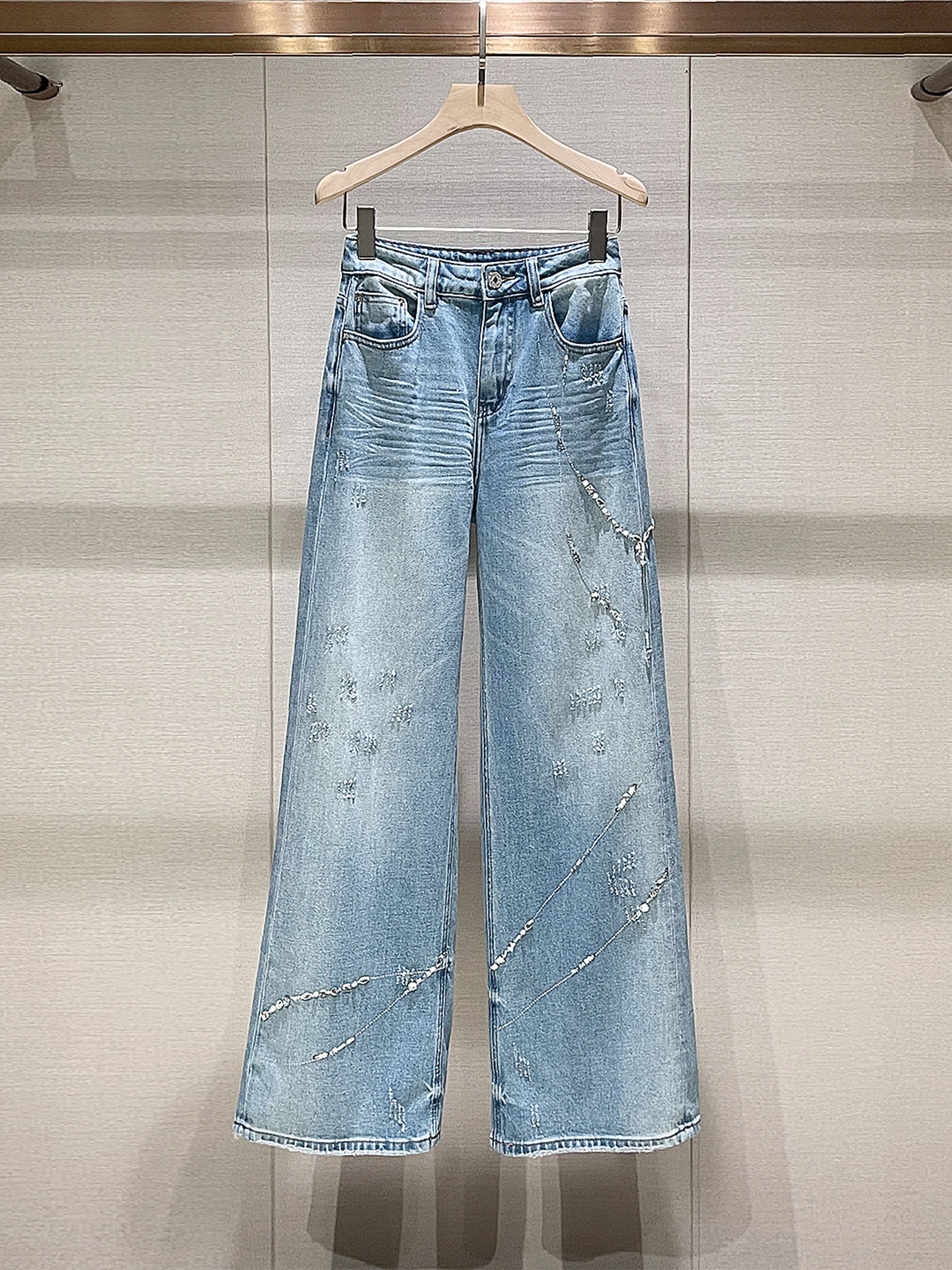 

American Retro Blue Diamond High Waist Wide Leg Jeans Loose Fit Comfortable Spring New Style Women's Premium Denim Pants