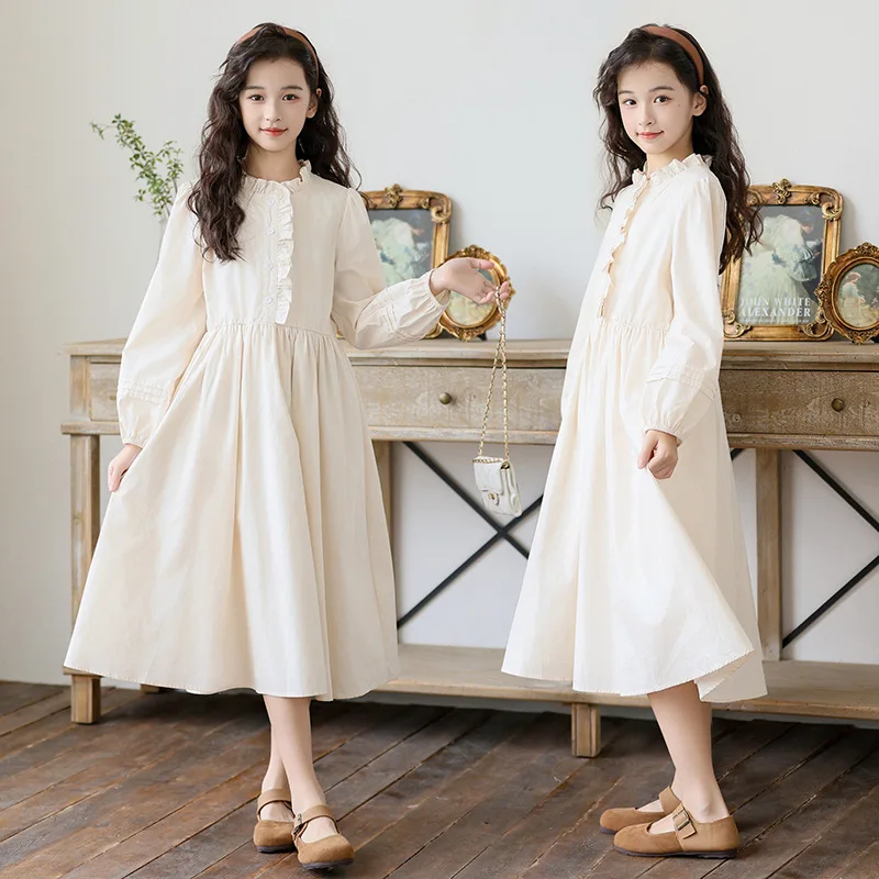 School Children Princess Dress 2026 Spring Long Sleeve Beige Lace Trim Cotton Dress for Girls Fashion Casual Simply Kids Clothes