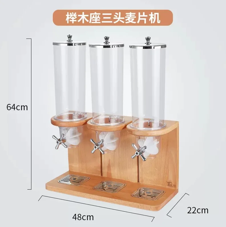 Double Three Heads Solid Wood Base Cereal Dispenser Hotel Buffet, Knob, Cereal Machine, Whole Grains, Oat Jars