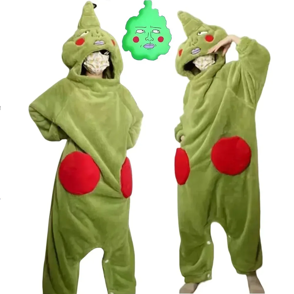 

Anime Mob Psycho 100 Dimple Cosplay Costume Mobu Saiko Hyak Kawaii Flannel Pajamas Green JumpsuitsHome Furnishings Carnival Suit