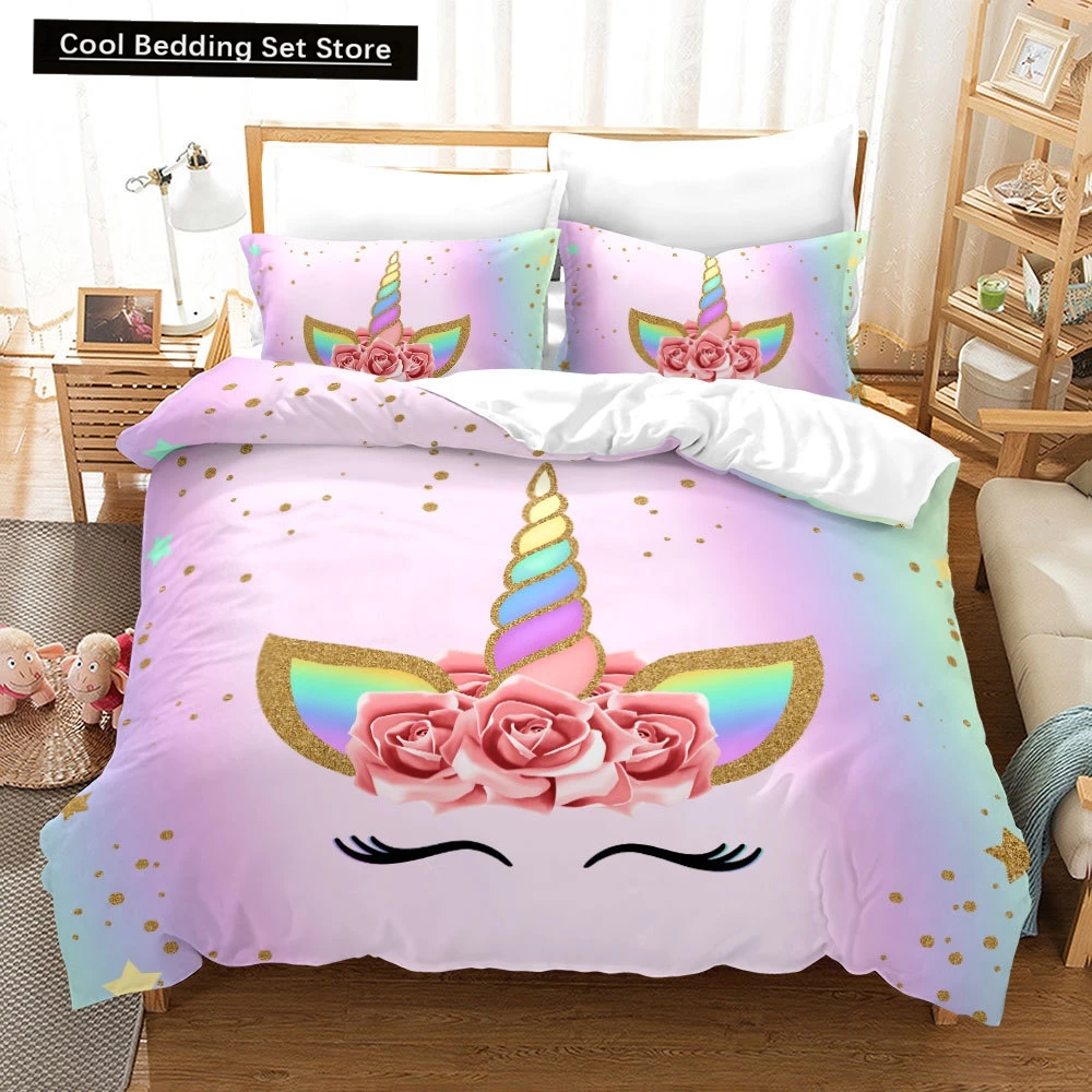 

Kids Unicorn Eyelash Pink Princess Duvet Cover King Queen Bedding Set Fairy Magic Animal Closed Eye 2/3pcs Polyester Quilt Cover