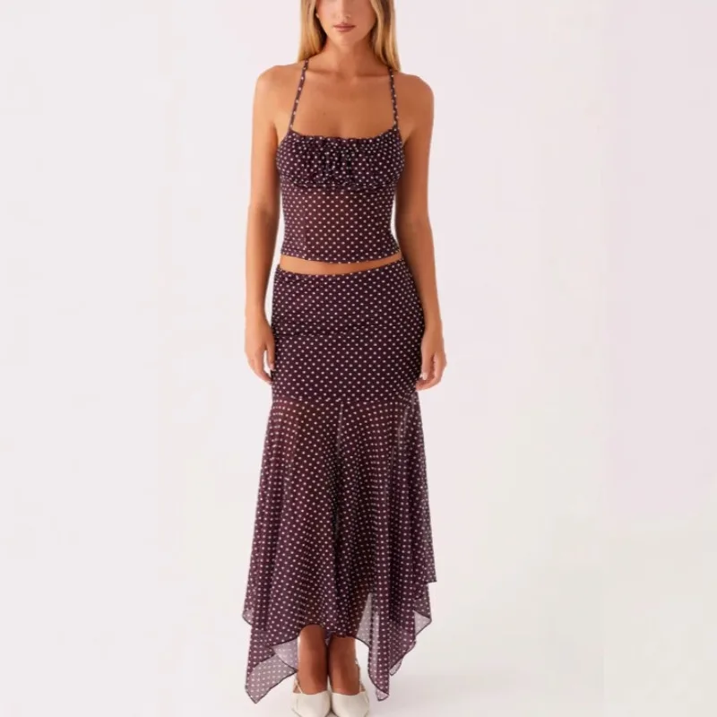 2026 Summer Women Dot Print Two Piece Set Elegant Chic Ruffle Crop Top See Through Slim Long Mermaid Skirt Set Y2K Outfits