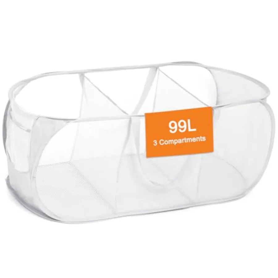 

Durable Collapsible Foldable Mesh Pop Up Laundry Basket, 3 Compartments Easy to Carry and Sort Clothes Hampers for Home, Dorm,