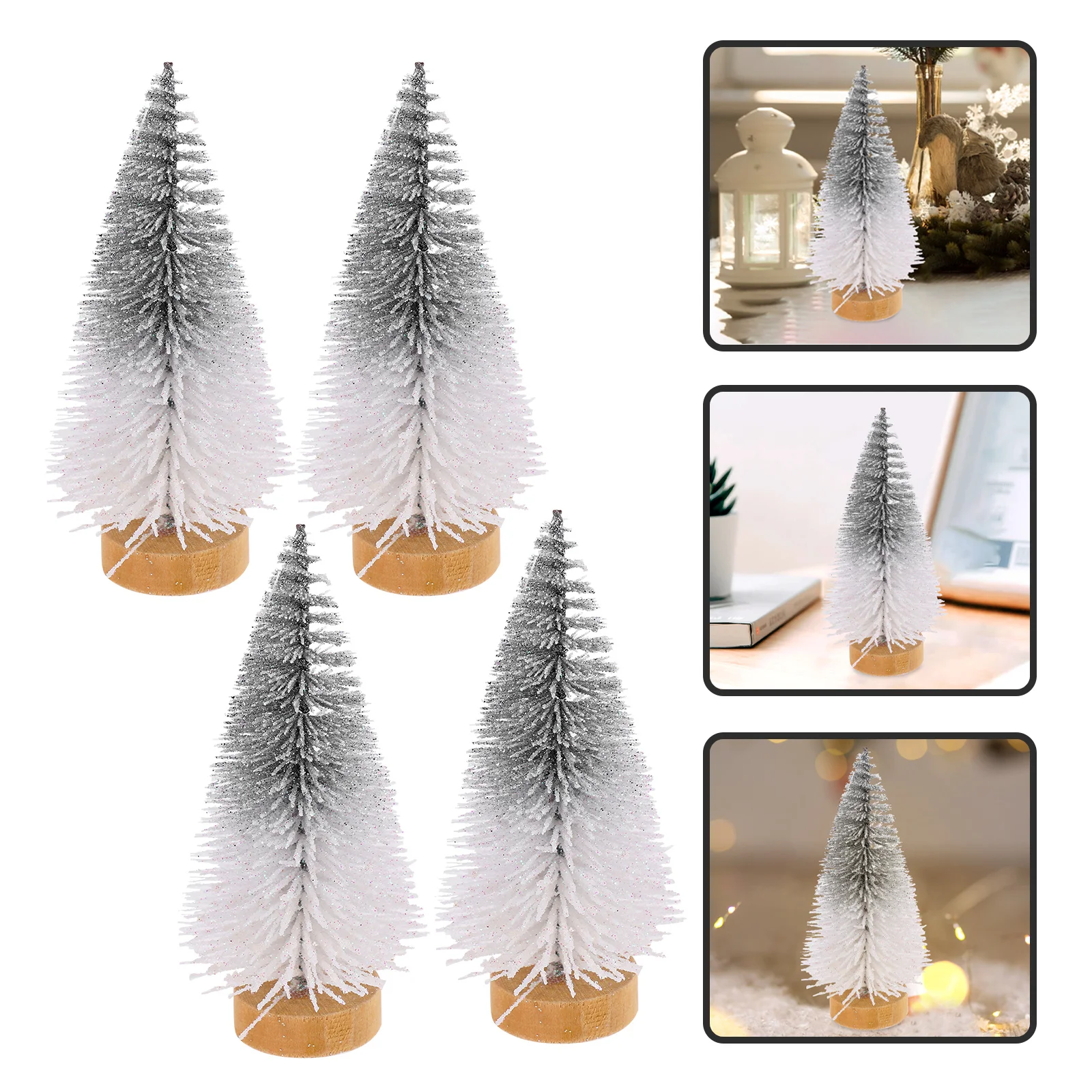 

4pcs Mini Christmas Tree Decor Pet Wood Base Artificial Xmas Tree For Tabletop Desk Shelf Window Cabinet Decoration Festive Home