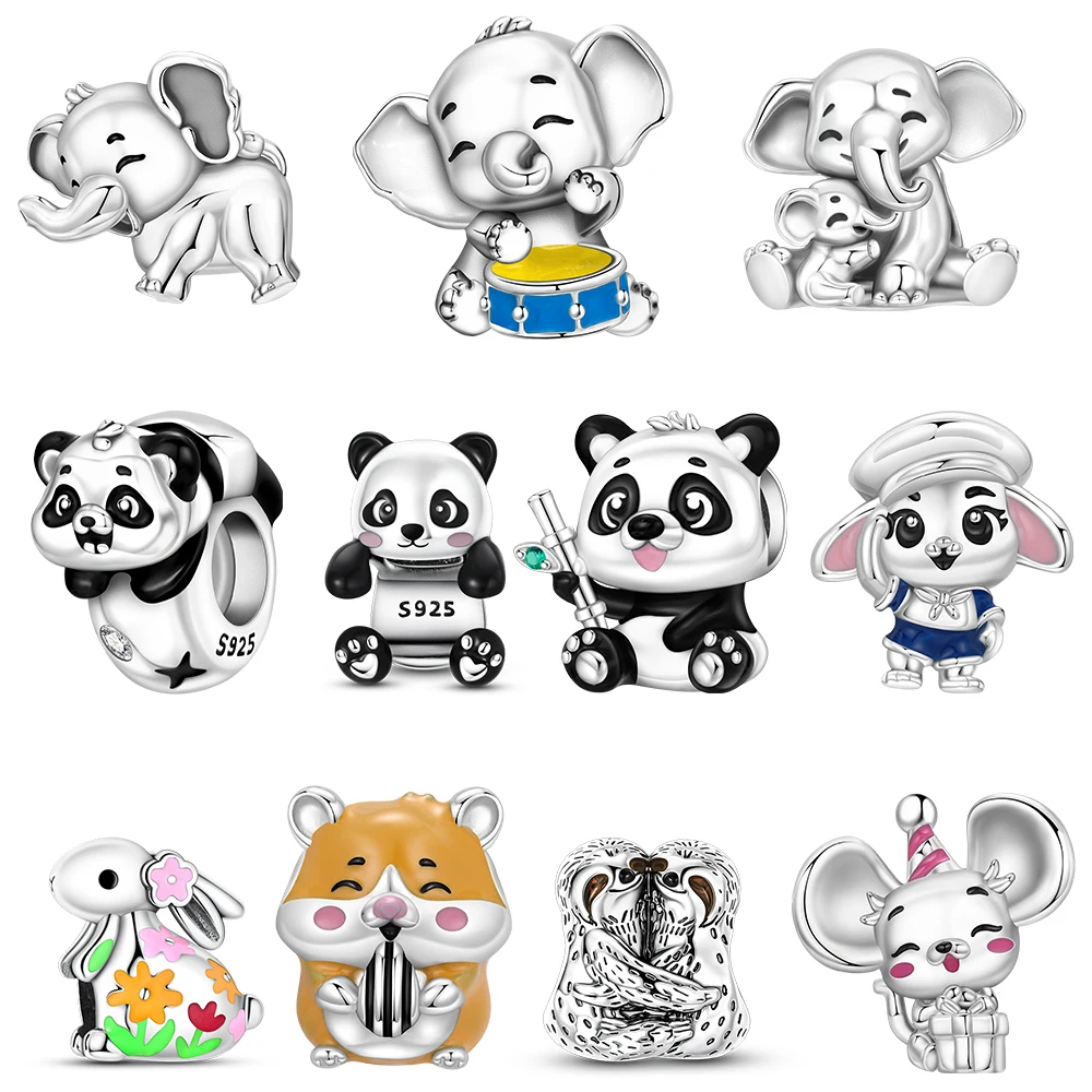 Cute Animal Original Charms 925 Sterling Silver Beads Panda Elephant Fit Bracelets Bag Keychain Charms Diy Women Gift Accessory
