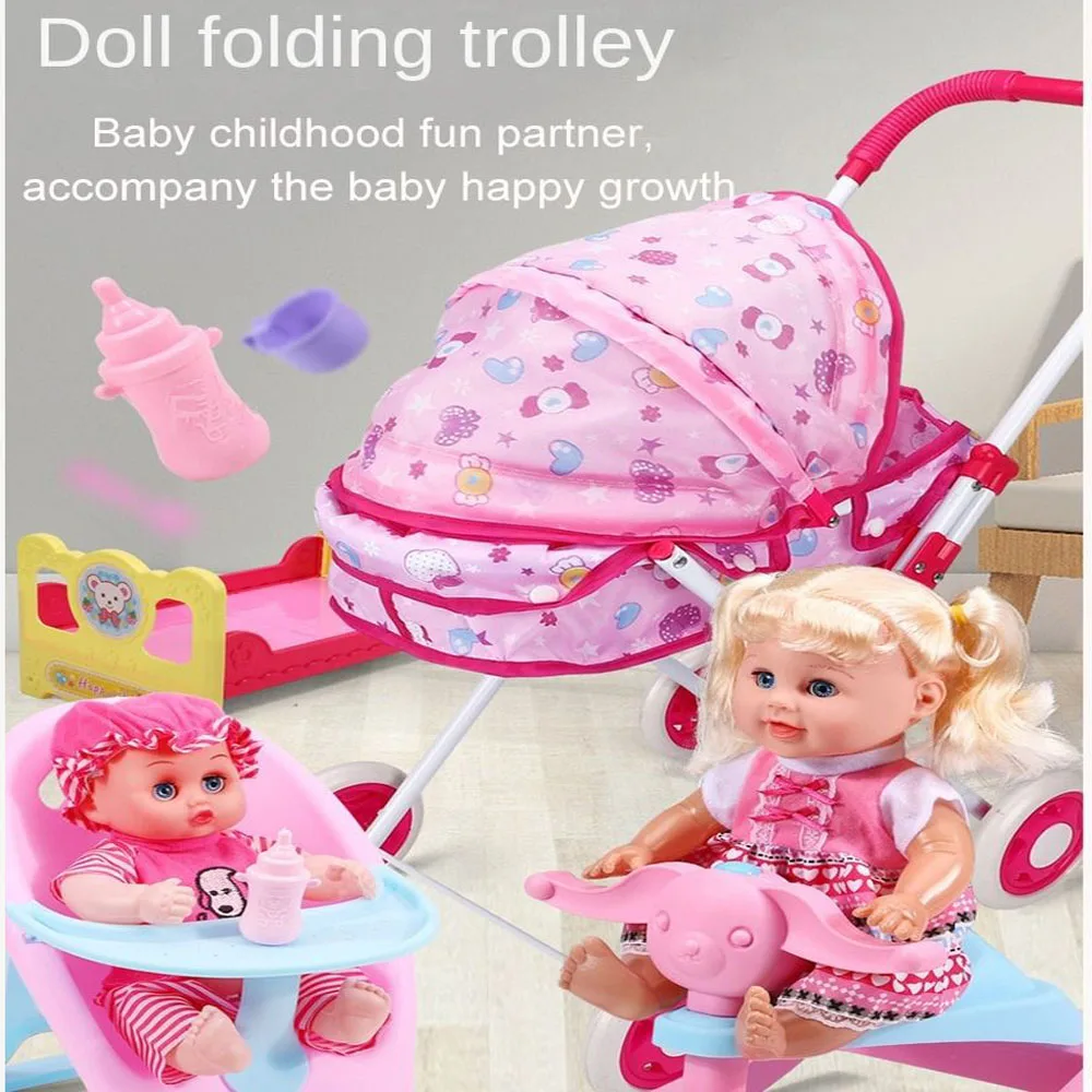 Trendy Plastic + Metal Dolls Pram Iron Support Frame Role Play Kids House Accessories Play Game Baby Stroller Children