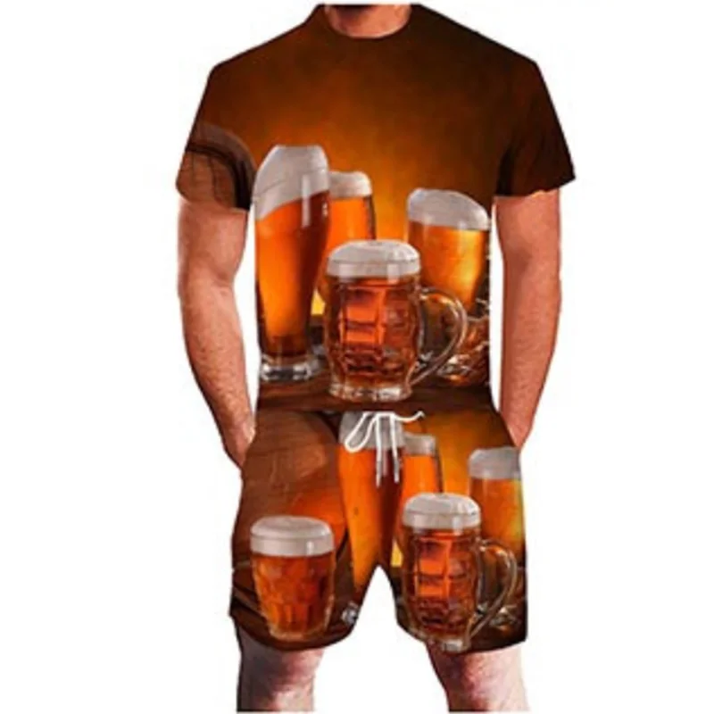 Beer 3D Print Men\'s Trend T-shirt Set Summer Casual Round Neck T-Shirt Shorts 2 Piece Set Fashion Man Clothes Pullover Tracksuit