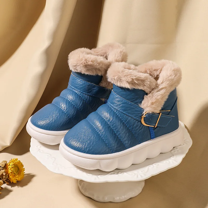 Children Winter Snow Boots Waterproof Non-slip Boys Girls Plus Velvet Cotton Boots Kids Thicking Wool Shoes Fashion Buckle