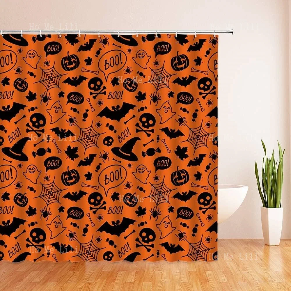 Halloween Pumpkin Head Ghost Horror Skull Spider Web Candy Bat Orange Maple Leaf Cartoon Bathroom Decoration Shower Curtain