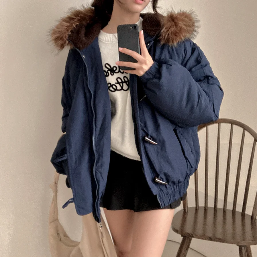 

Women's Thiened Cotton Jaet Coat with Fur Collar Korean Sle Chic Design Sense Warmth with Horn Buttons Hooded Top