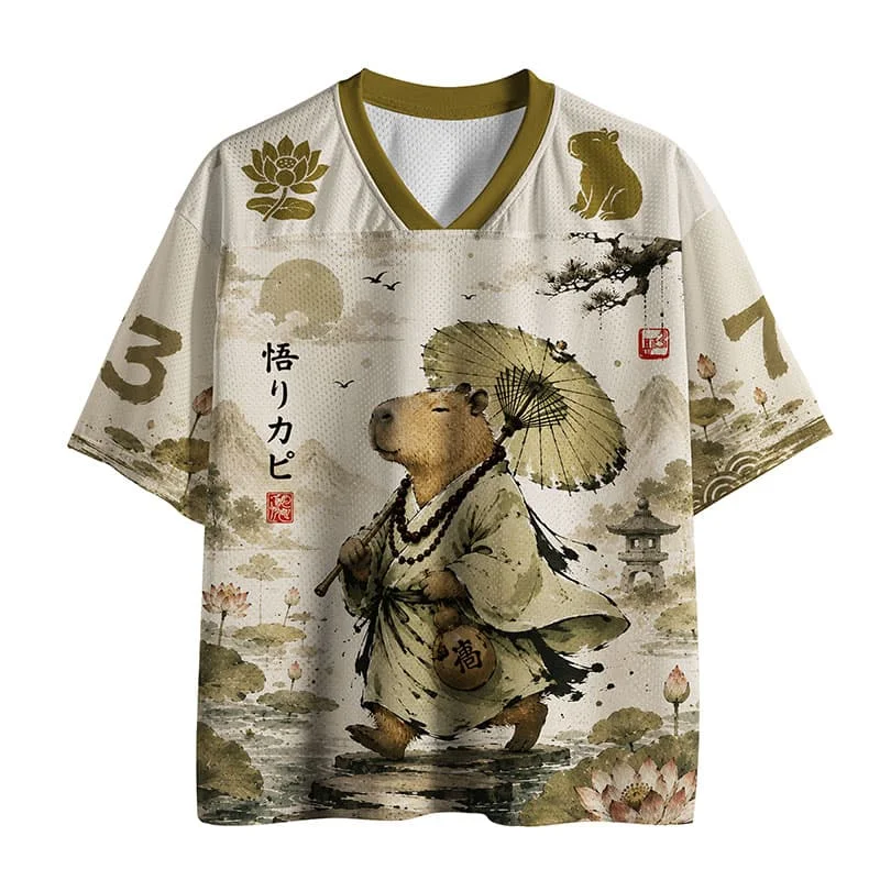 2026 Popular V-neck Mesh T-shirt with Fun Printed Short Sleeved T-shirt, Retro Streetwear, Loose Oversized Sports Mesh T-shirt