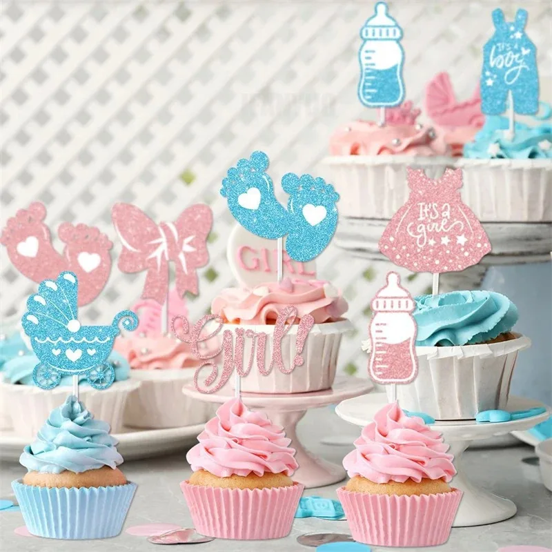 12/24 قطعة صبي أو فتاة كب كيك القبعات العالية الغذاء كيك تحلية يختار للجنسين تكشف لوازم ديكور الحفلات الوردي الأزرق هدايا استحمام الطفل #3