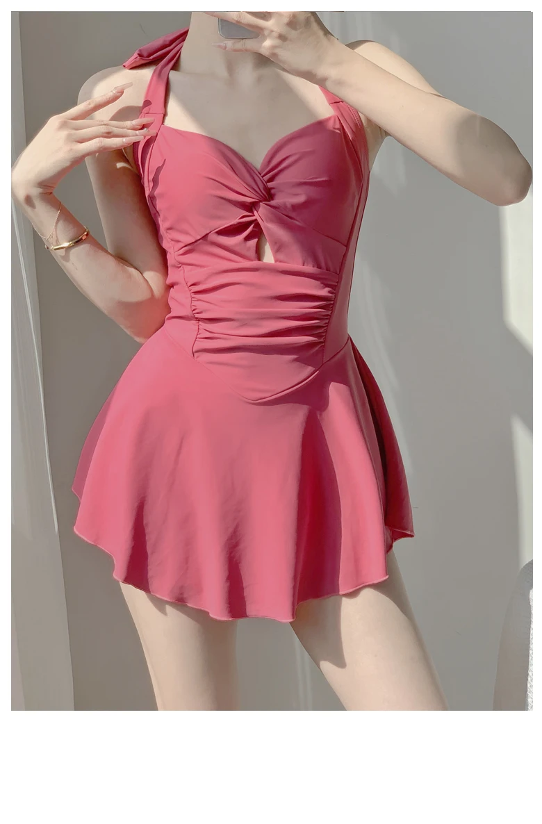 Traje de baño conservador de una pieza ajustado con tirantes Halter para mujer, minivestido coreano liso sin mangas, traje de baño conservador para playa
