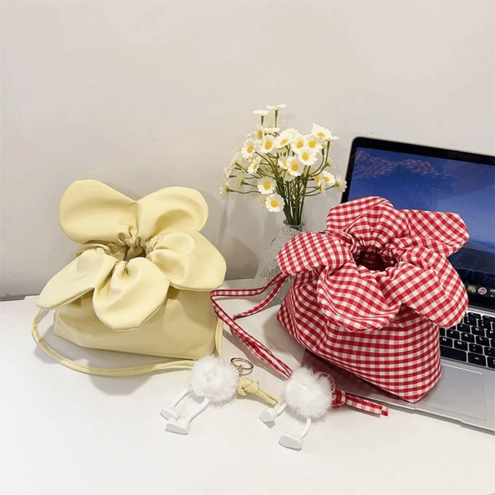 Retro Flower Design Bucket Bag Candy Color Cute Plaid Phone Pouch Casual Makeup Bag Creative Gift