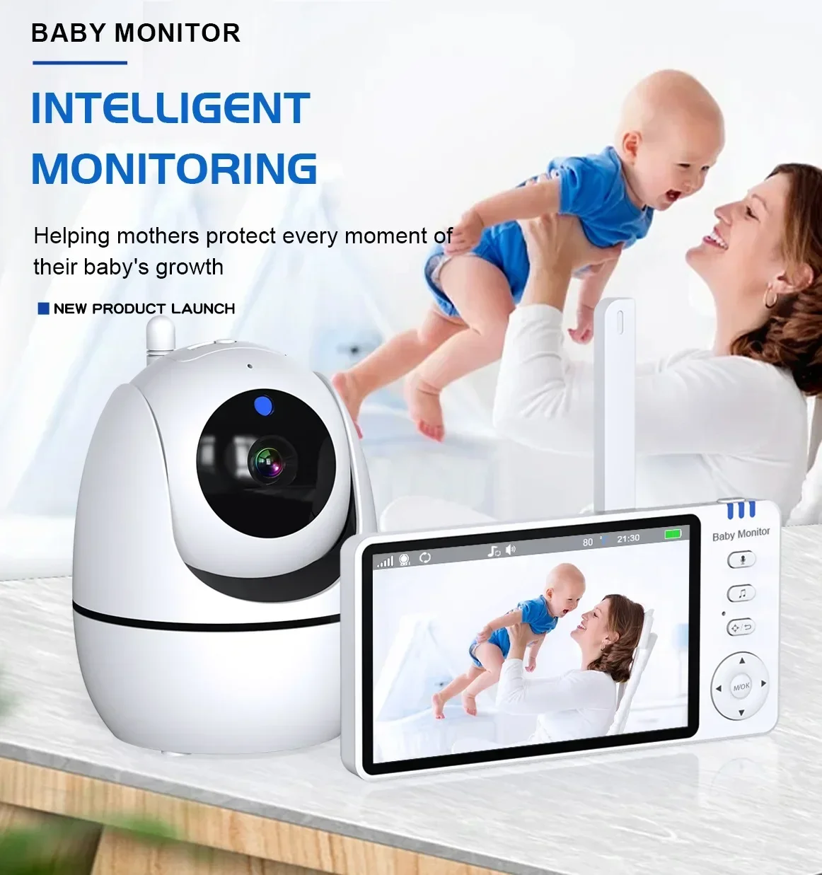Monitor de vídeo para bebés de 5 polegadas, com câmara PTZ com zoom de 2x, Babyphone, proteção de segurança, câmaras de vigilância, canção de embalar, sensor de temperatura