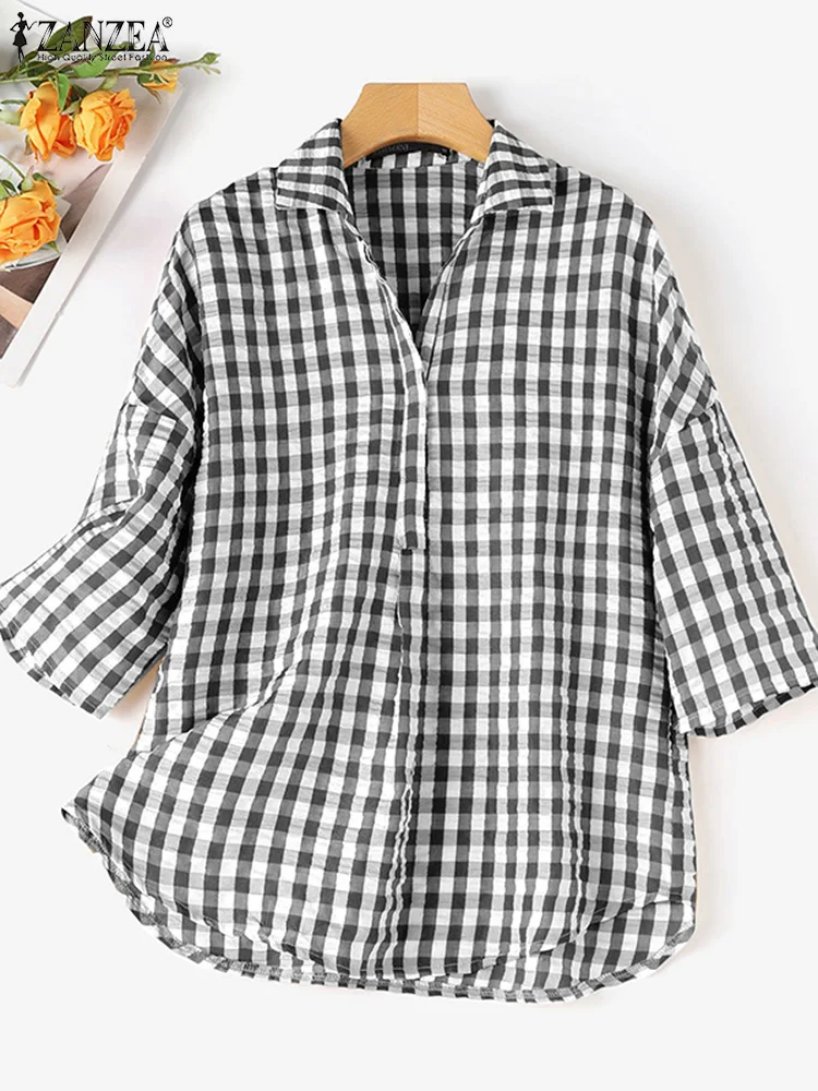 ZANZEA Turn-down Collar Women Shirts Vintage 3/4 Sleeve Textured Gingham Blouses Elegant Casual Loose Tops Autumn Daily Shirt