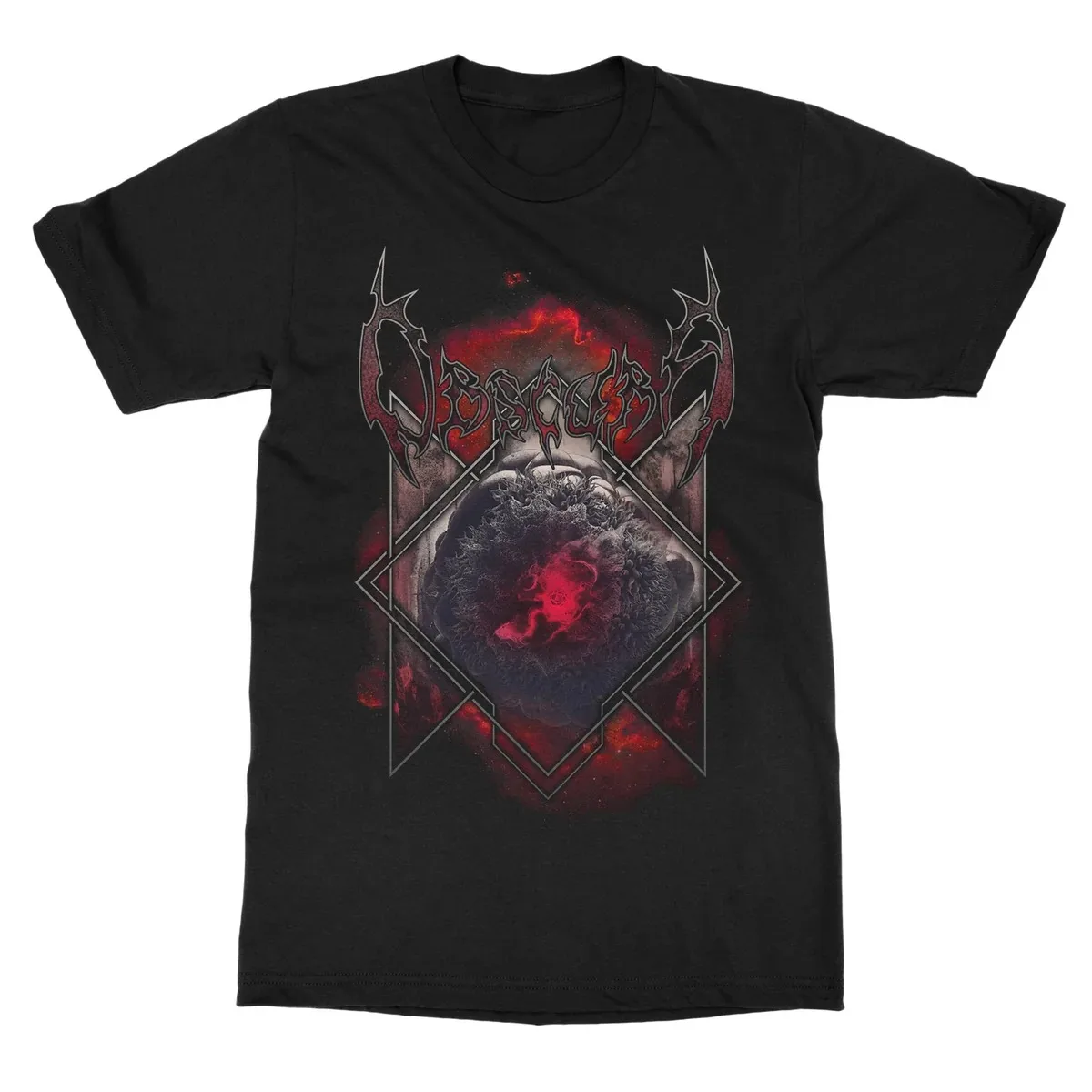 Red‑black Burst Dark Figure Geometric Frame Graphic Print Unisex T‑shirt, Obscura Technical Death Metal Band Fan Daily Casual