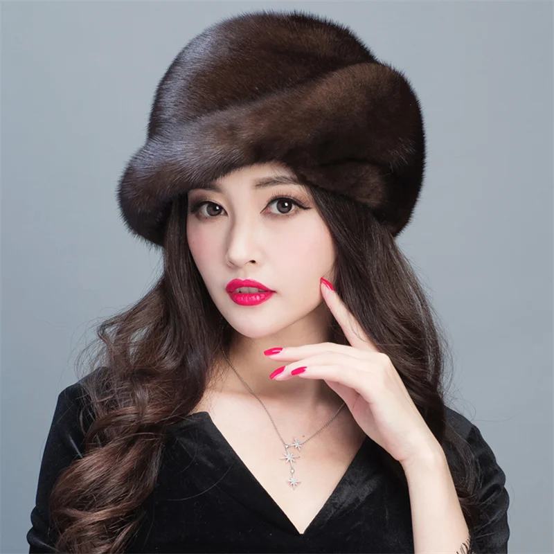 Winter Women\'s Mink Fur Hat Outdoor Warm Luxury Full Fur Hat Russian Fashion Soft Mink Hat Women\'s Warm Ear Hat Flower Pot Hat