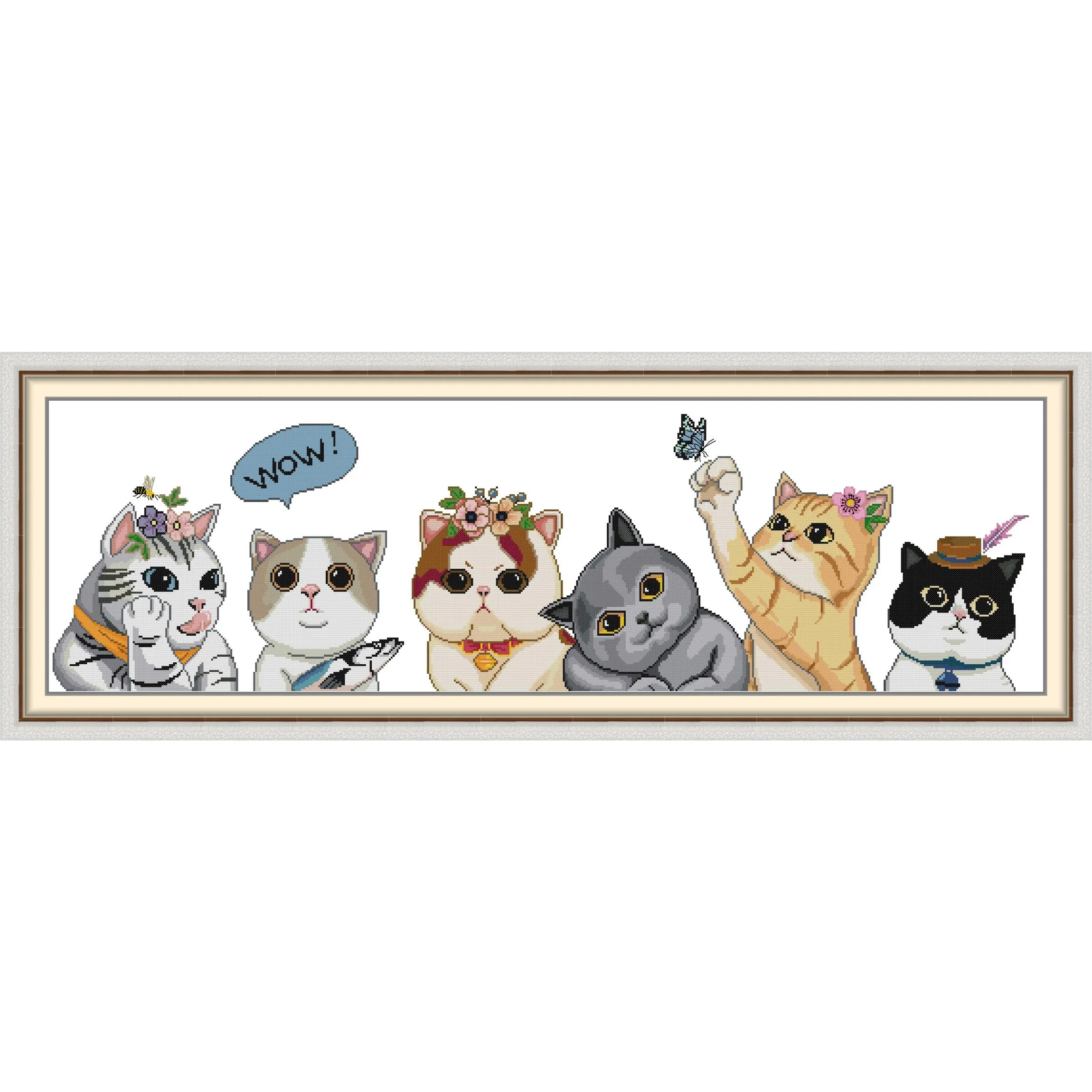 Soulgift News Pre-Printed Cross Stitch Kit, Stamped Aida Fabric with DMC Threads, Embroidery Kit - Six Cats