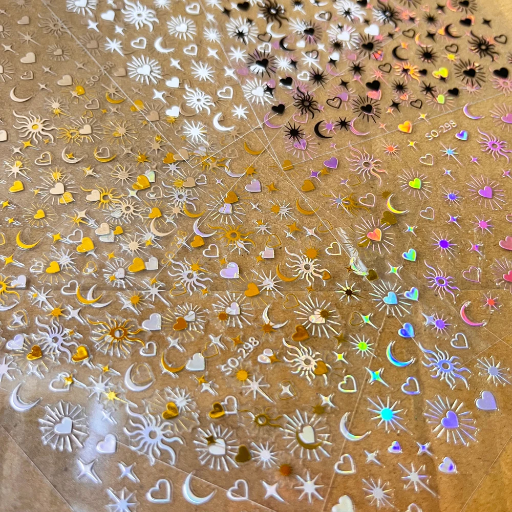 2 ورقة ثلاثية الأبعاد ليزر ستار الشمس القمر البرنز مسمار الفن ملصقات الليزر الوردي + الأبيض بوهيميا النجمي مسمار الشارات DIY بها بنفسك رومانسية مانيكير #6