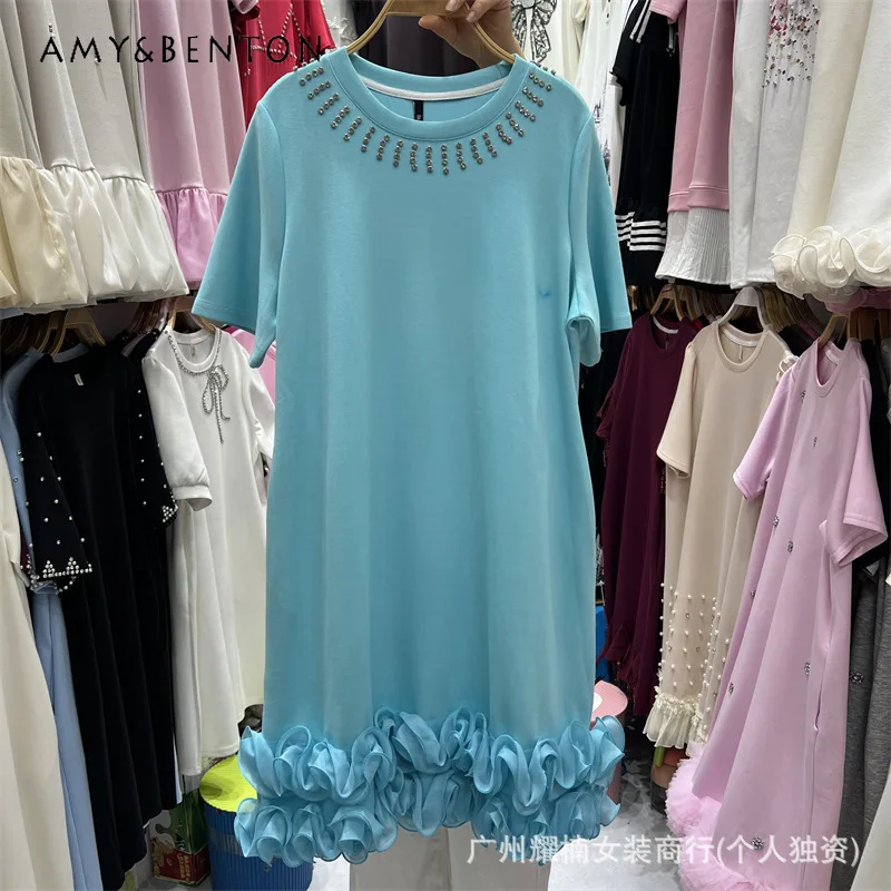 

New American Style Heavy Embellished Rhinestone Ruffle Trim Loose Fit Short Sleeves Crew Neck Midi Dress Women's Summer Vestidos