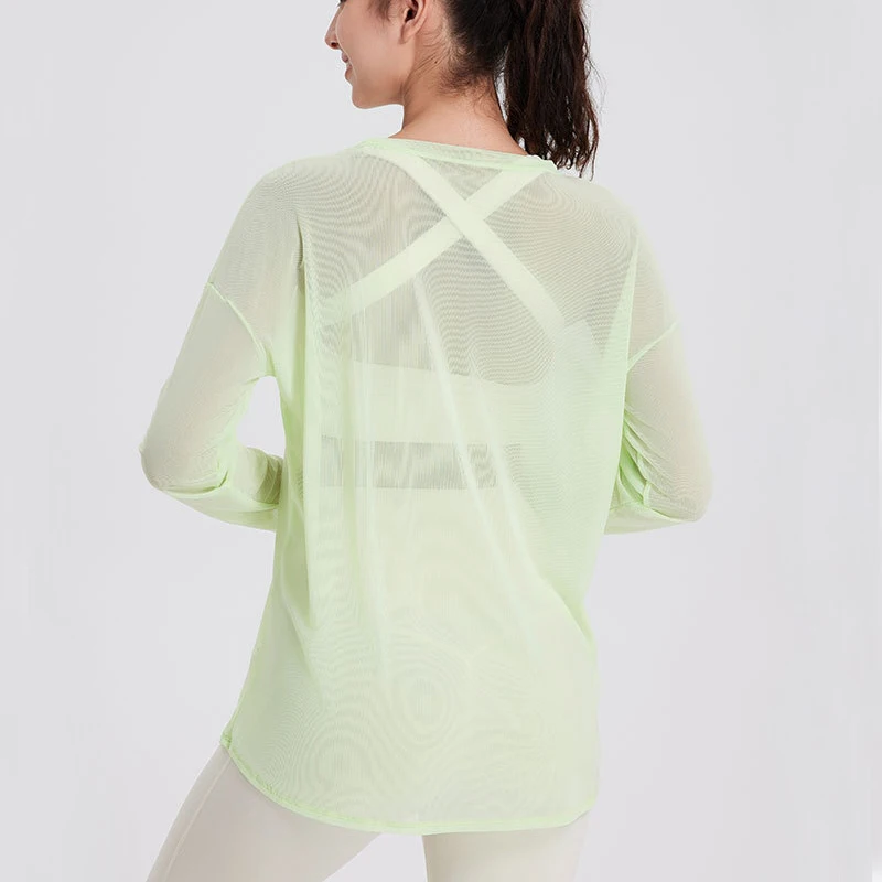 Long Sleeve Yoga Shirt Women Sexy Mesh Breathable Outdoor Running Blouse Solid Color Loose Gym Top Female Workout Clothes