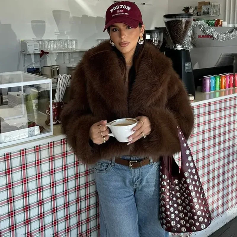 

High Street Lady Outerwear Fur Women Elegant Faux Fur Coat Warm Fluffy Loose Long Sleeve Lapel Jacket Winter Fashion