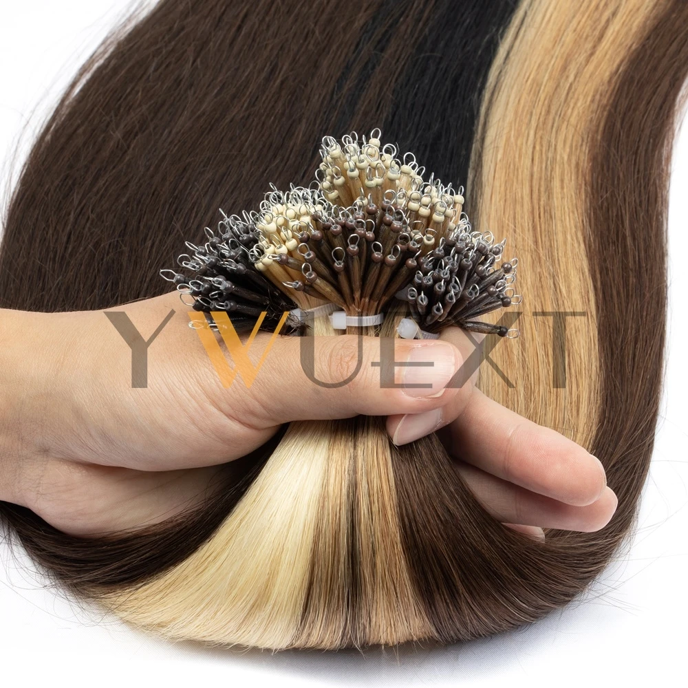 YWUEXT نانو حبة الدائري شعر بشري حقيقي ملحقات أسود بني شقراء مع تسليط الضوء على 12-22 بوصة حلقات نانو غير مرئية 30 جرام/الحزمة