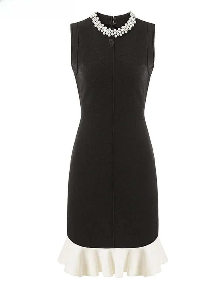 

Spring Summer Pearl Embellished Knitted Slim Fit Sleeveless round Neck Dress City Commute Business Casual Date Elegant Fashion